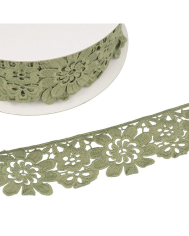 Guipure-Spule, khakigrüne Blumen, 55 mm x 13,7 m