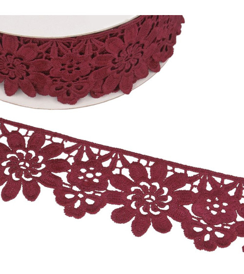Guipure reel burgundy flowers 55mmx13.7m