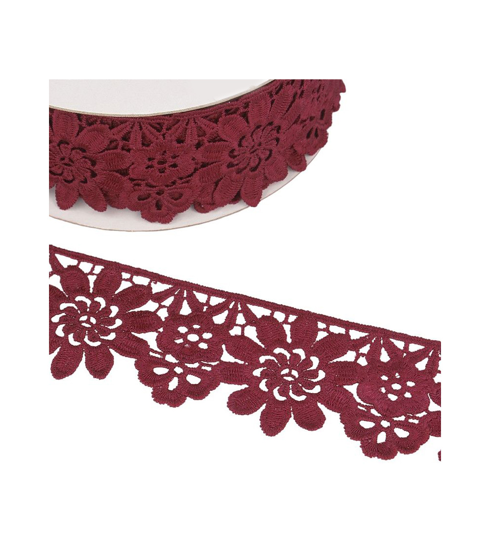 Bobine Guipure fleurs bordeaux 55mmx13,7m