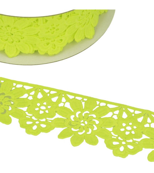 Bobine Guipure fleurs vert fluo 55mmx13,7m