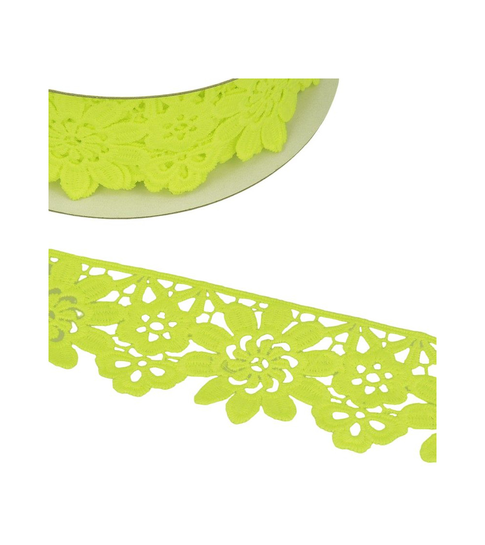 Bobine Guipure fleurs vert  fluo 55mmx13,7m