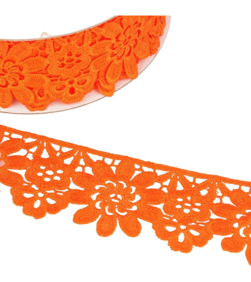 Bobine Guipure fleurs orange fluo 55mmx13,7m