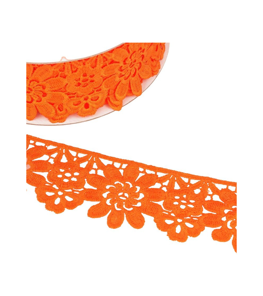 Bobine Guipure fleurs orange fluo 55mmx13,7m