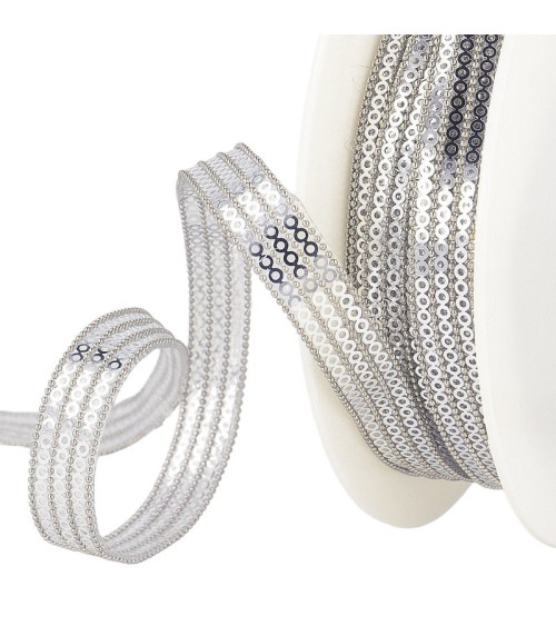 10m reel 3-row iron-on sequin braid 13 mm Silver