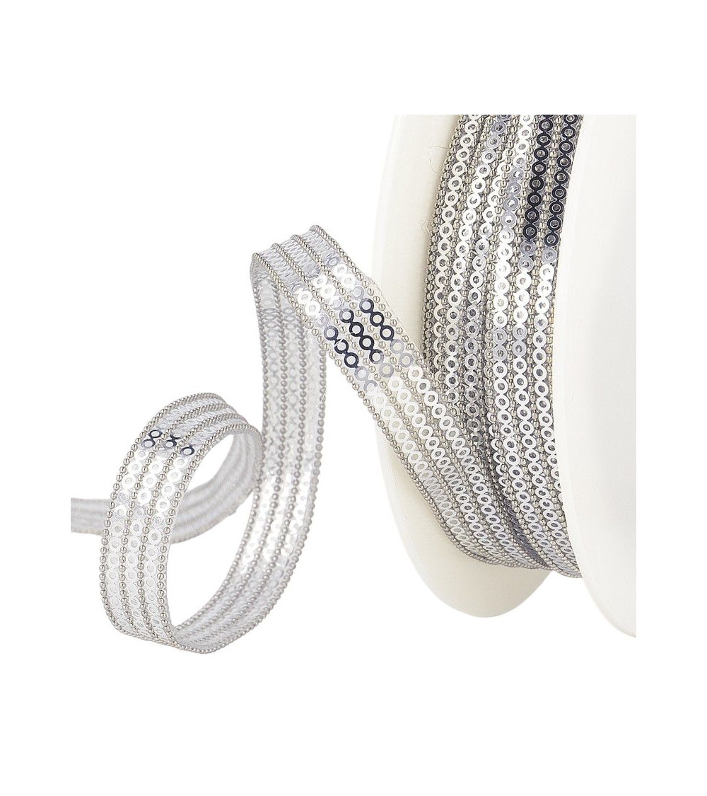 Bobina da 10 m Treccia di paillettes termoadesiva a 3 fili 13 mm Argento