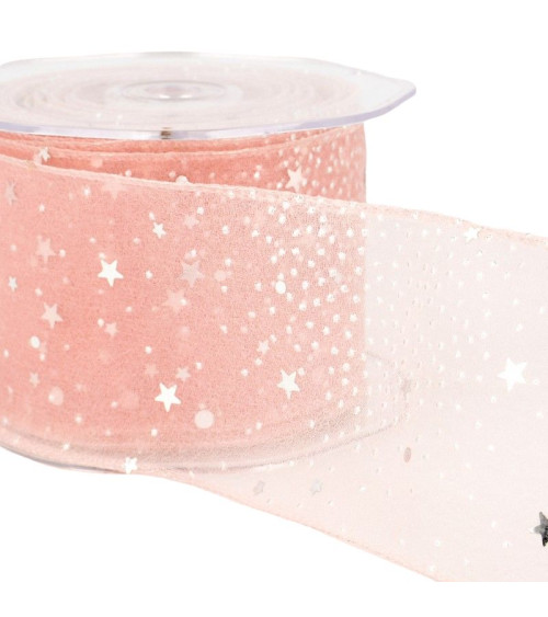 10m reel Princess veil ribbon shiny stars 60 mm polyamide Light Pink