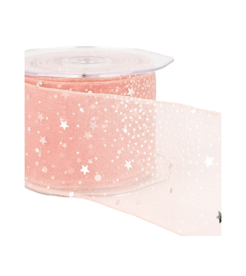 10m reel Princess veil ribbon shiny stars 60 mm polyamide Light Pink