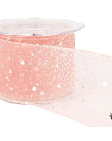 10m reel Princess veil ribbon shiny stars 60 mm polyamide Light Pink