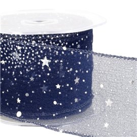Bobine 10m Ruban voile princesse étoiles brillantes 60 mm polyamide Bleu marine