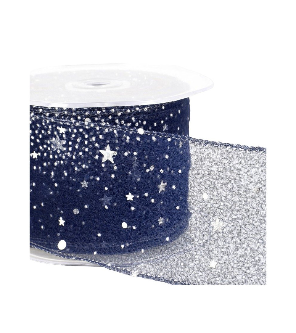 10m reel Princess veil ribbon shiny stars 60 mm polyamide Navy blue