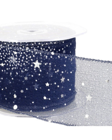 10m reel Princess veil ribbon shiny stars 60 mm polyamide Navy blue