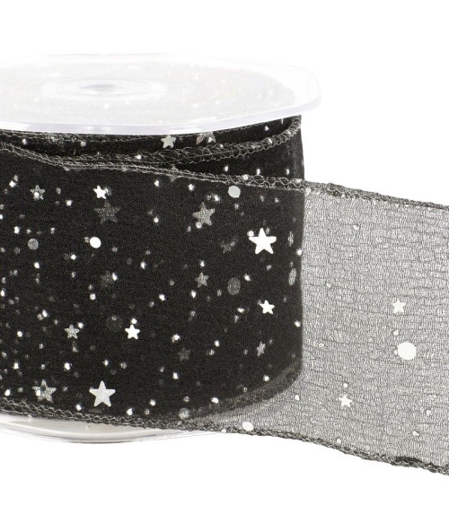 10m reel Princess veil ribbon shiny stars 60 mm polyamide Black