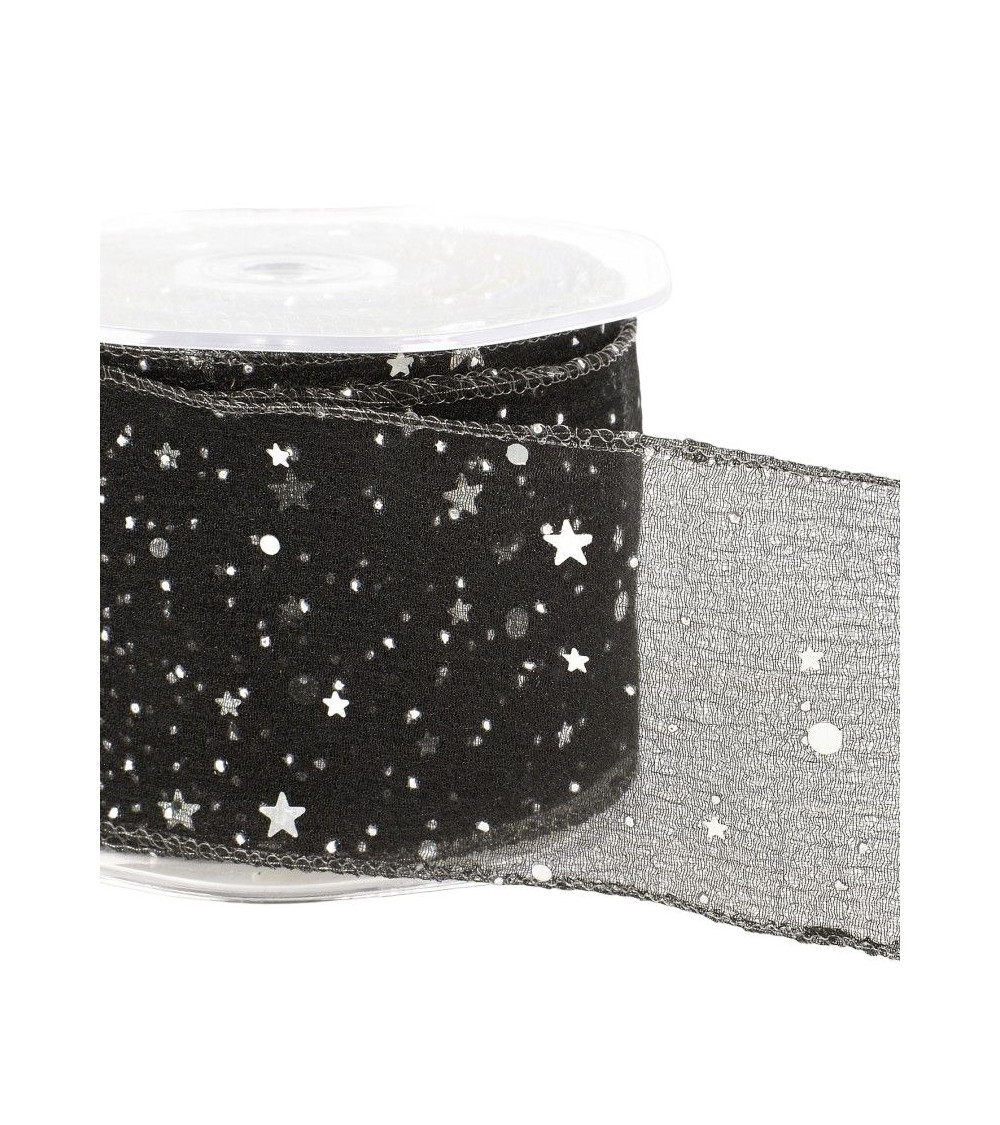 10m reel Princess veil ribbon shiny stars 60 mm polyamide Black