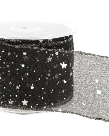 Bobine 10m Ruban voile princesse étoiles brillantes 60 mm polyamide Noir