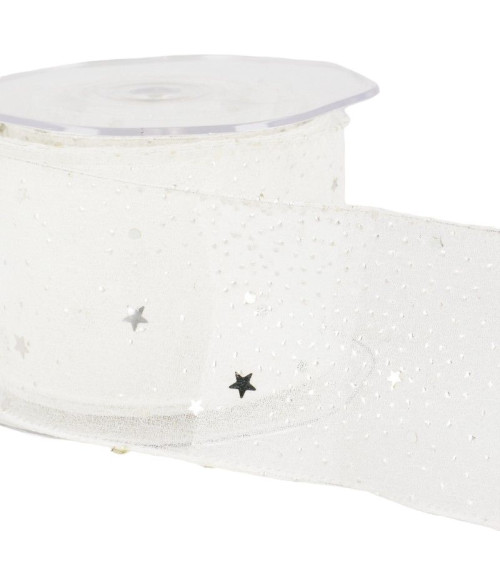 10m reel Princess veil ribbon shiny stars 60 mm polyamide White
