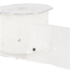 Bobine 10m Ruban voile princesse étoiles brillantes 60 mm polyamide Blanc