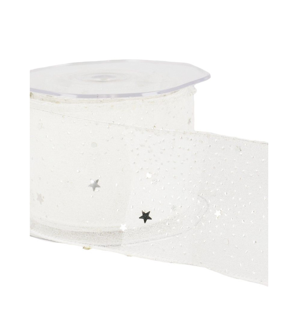 10m reel Princess veil ribbon shiny stars 60 mm polyamide White