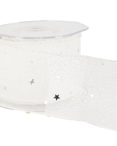 10m reel Princess veil ribbon shiny stars 60 mm polyamide White