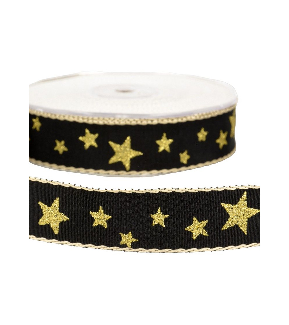 20m reel of 25mm black star ribbon