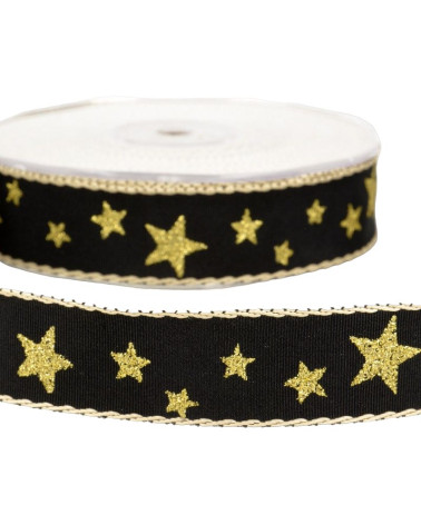 20m reel of 25mm black star ribbon
