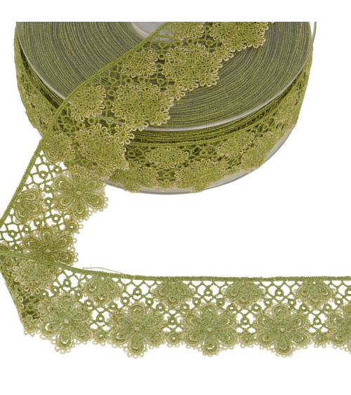 14.4m spool Two-tone flower lace 33 mm polyester khaki green and gold