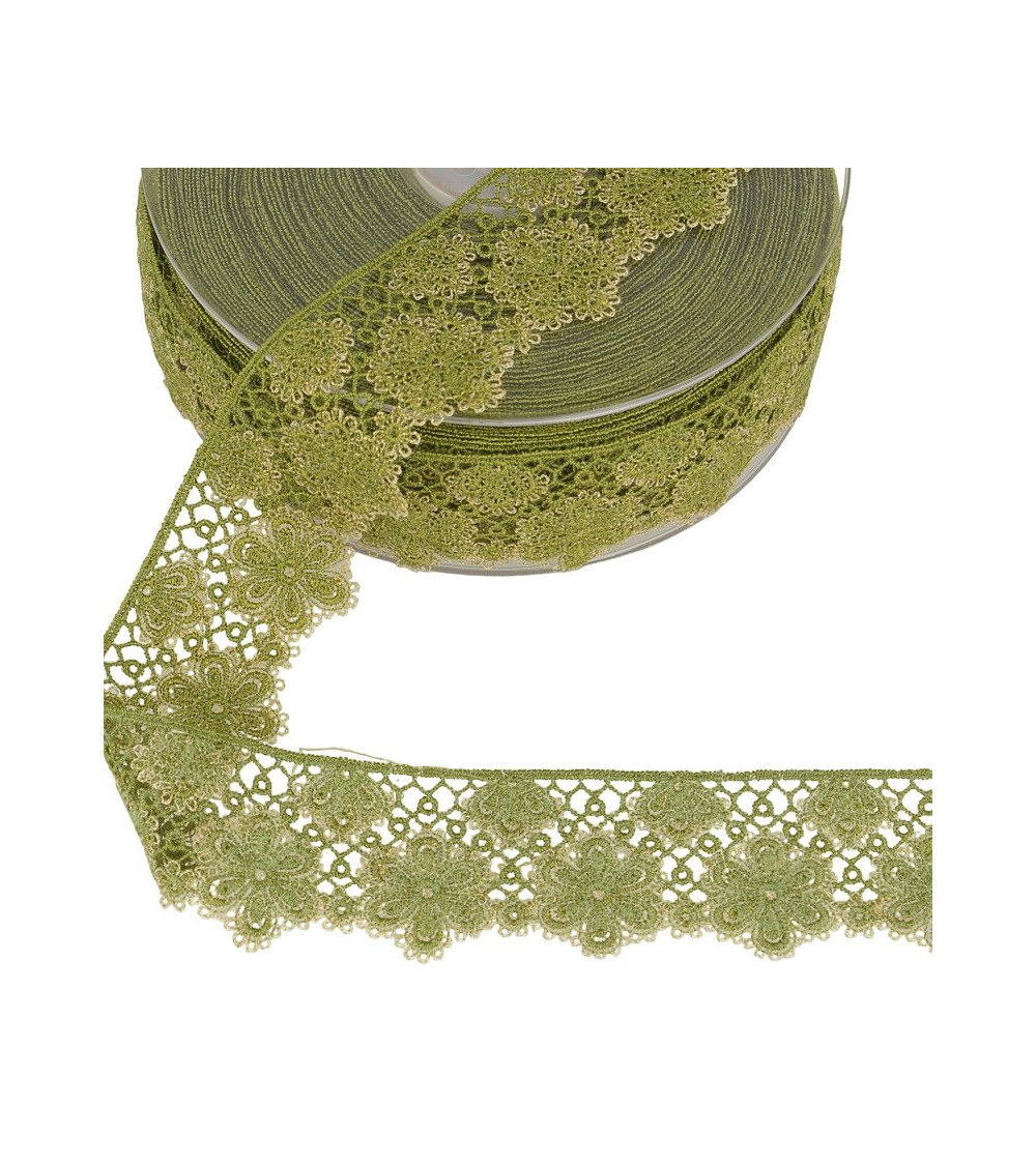 Spool 14.4m Two-tone flower lace 33 mm khaki green and gold polyester