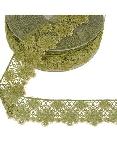 Spool 14.4m Two-tone flower lace 33 mm khaki green and gold polyester