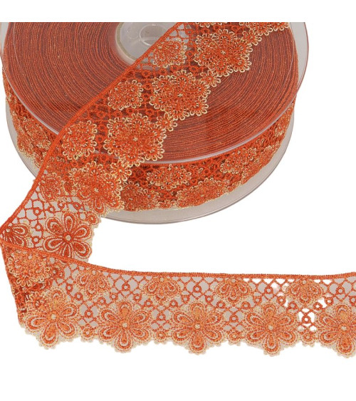 14.4m spool Two-tone flower lace 33 mm polyester Rust and silver
