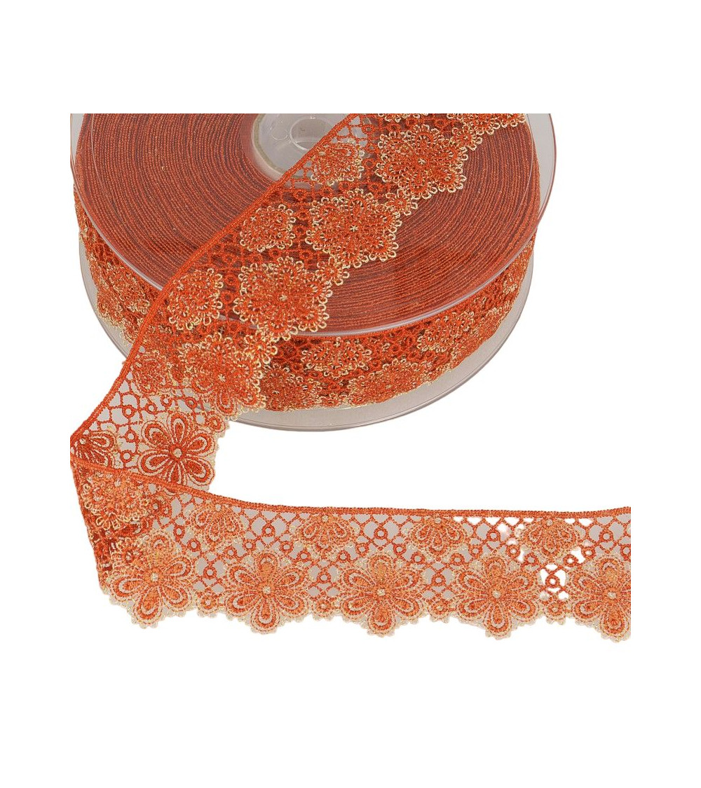 14.4m spool of two-tone flower lace 33 mm polyester Rust and silver