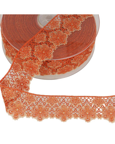 14.4m spool of two-tone flower lace 33 mm polyester Rust and silver