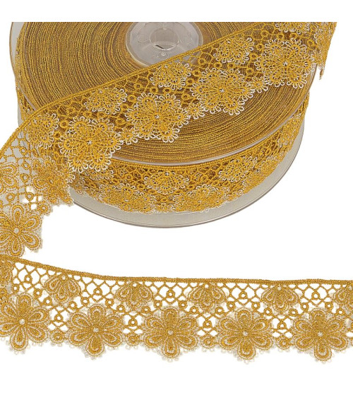 14.4m spool Two-tone flower lace 33 mm polyester Mustard yellow and silver