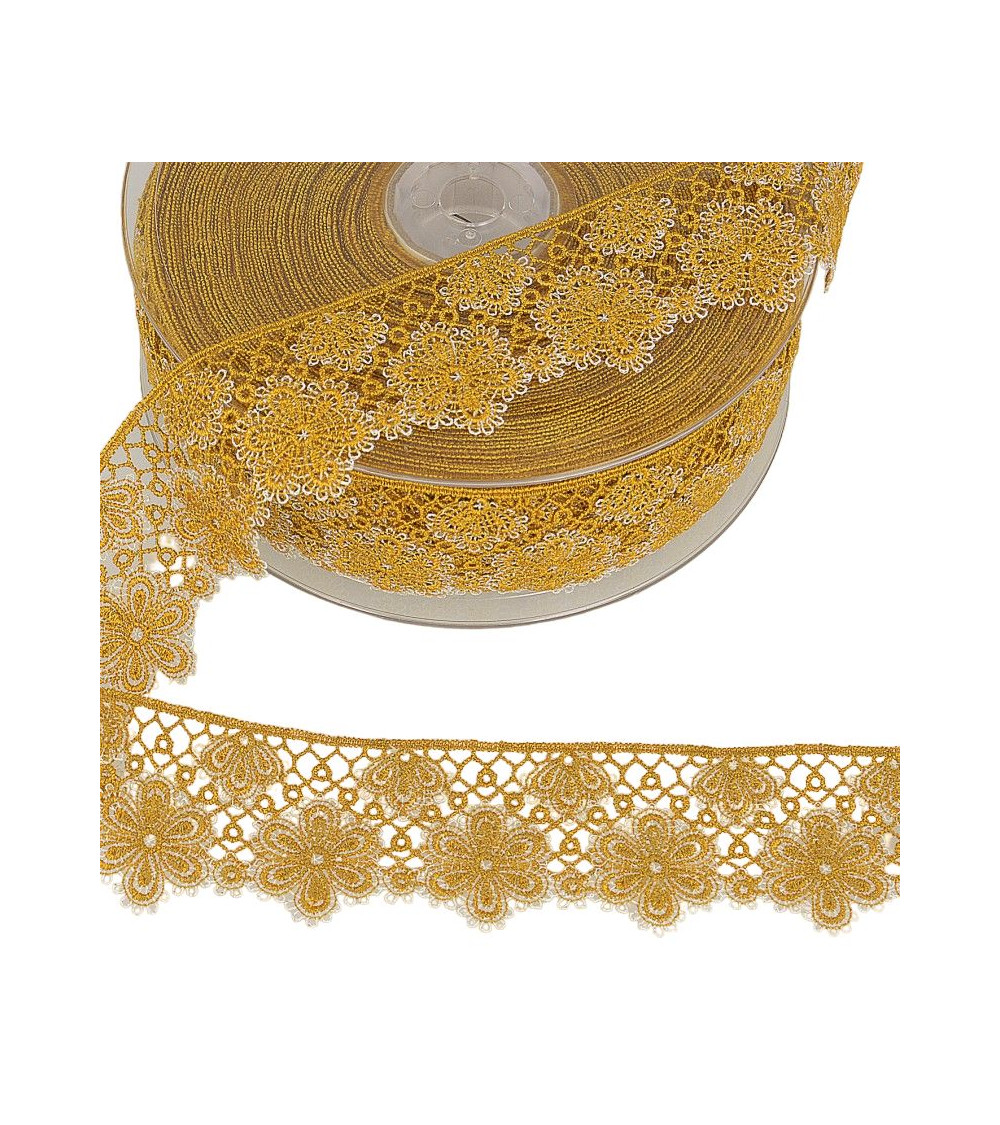 Spool 14.4m Two-tone flower lace 33 mm polyester Mustard yellow and silver