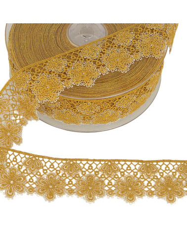14,4 m Spule. Zweifarbige Blumenspitze, 33 mm Polyester, Senfgelb und Silber