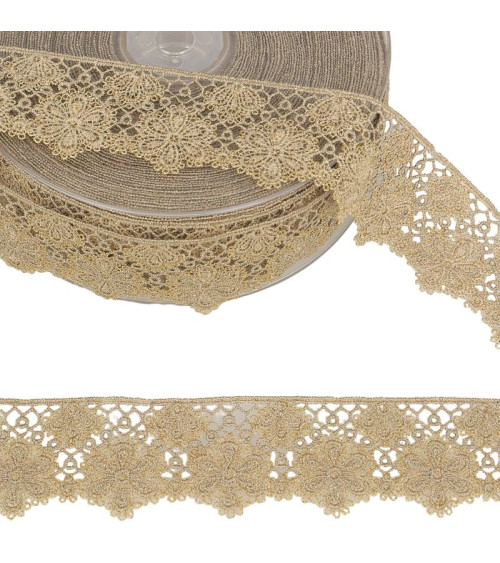 14.4m spool Two-tone flower lace 33 mm polyester Beige and gold