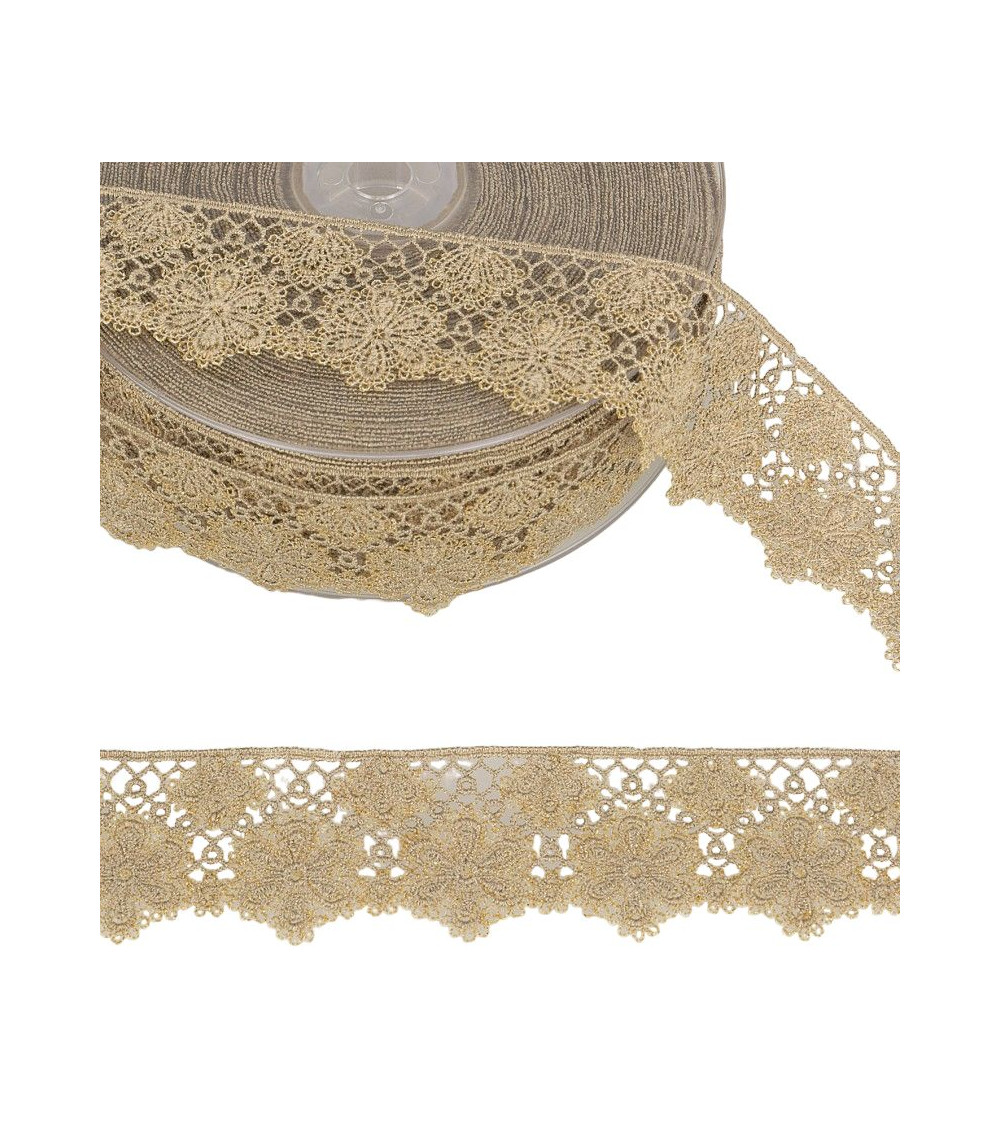 Spool 14.4m Two-tone flower lace 33 mm polyester Beige and gold
