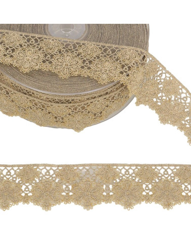 Spool 14.4m Two-tone flower lace 33 mm polyester Beige and gold