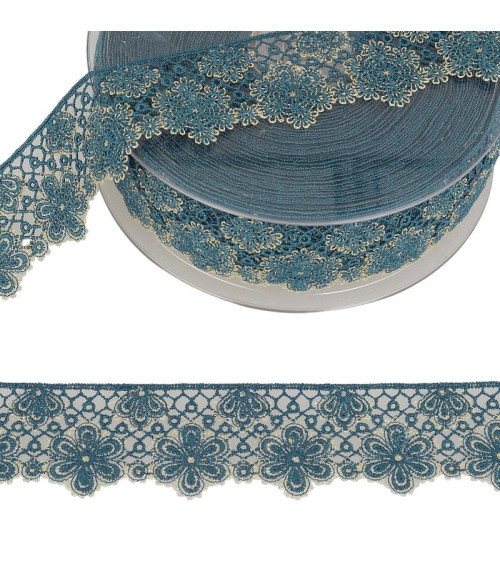 14.4m spool Two-tone flower lace 33 mm polyester Petrol and gold