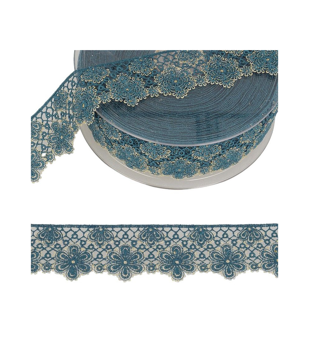 Spool 14.4m Two-tone flower lace 33 mm polyester Petrol and gold