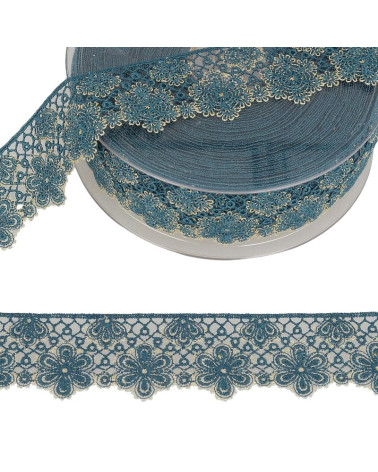 Spool 14.4m Two-tone flower lace 33 mm polyester Petrol and gold