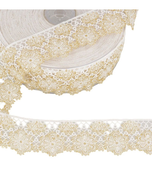 14.4m spool Two-tone flower lace 33 mm polyester White and gold