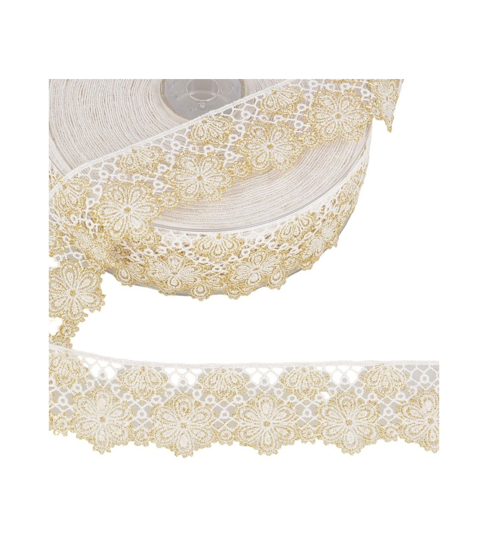 14,4 m Spule. Zweifarbige Blumenspitze, 33 mm Polyester, Weiß und Gold