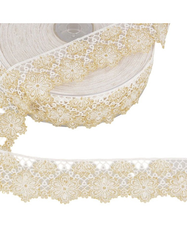 14,4 m Spule. Zweifarbige Blumenspitze, 33 mm Polyester, Weiß und Gold