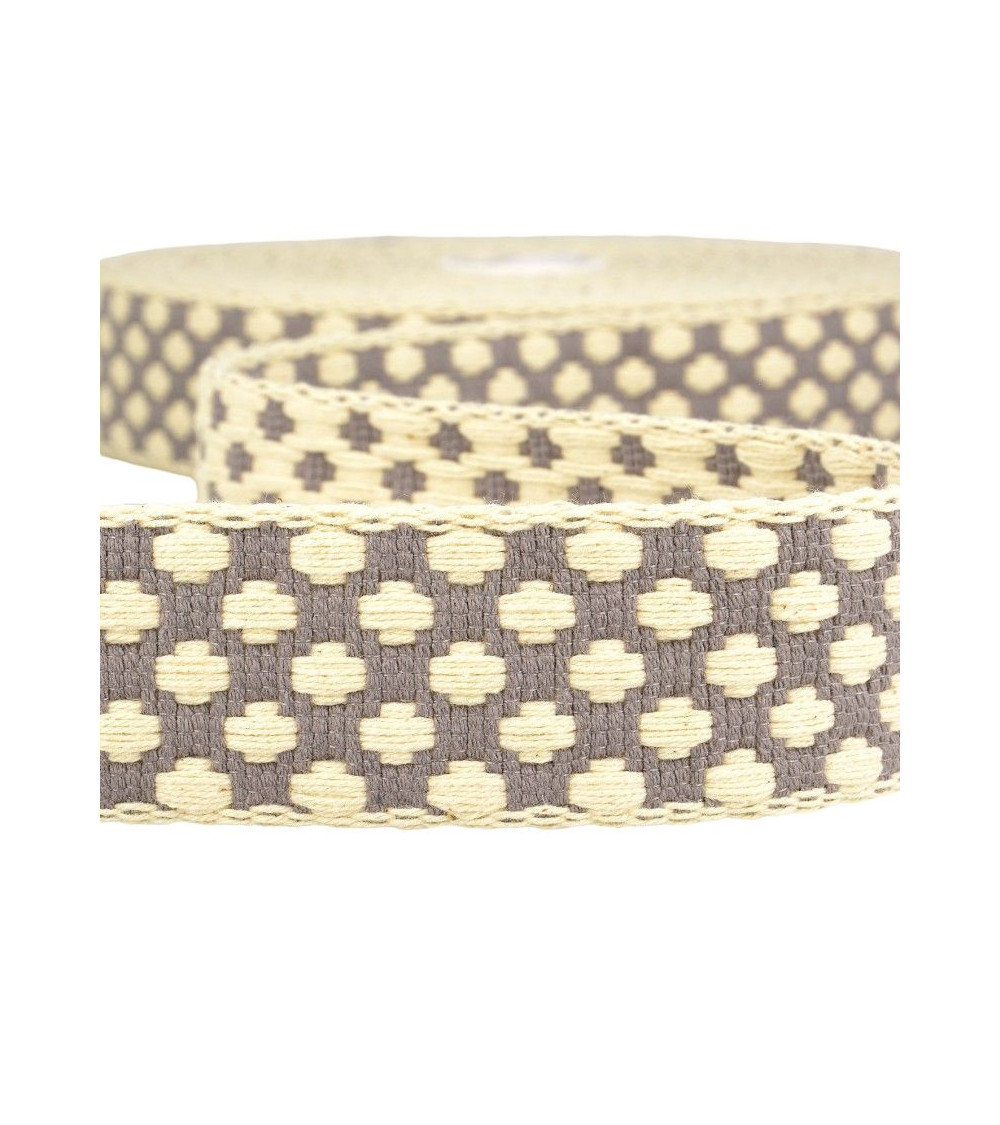 10m reel of 37mm cross pattern strap, grey and ecru