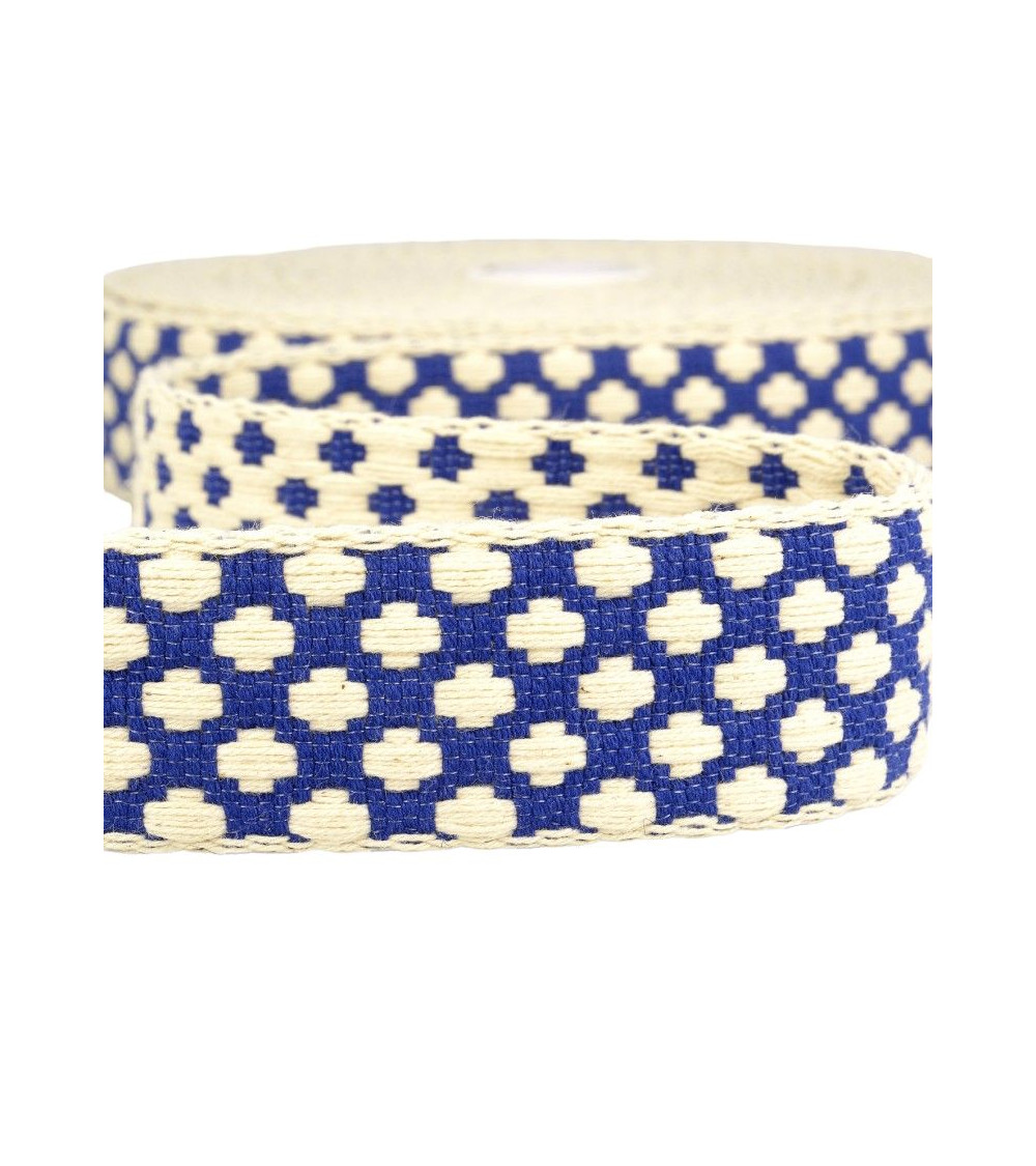 10m spool of 37mm cross pattern strap, blue and ecru