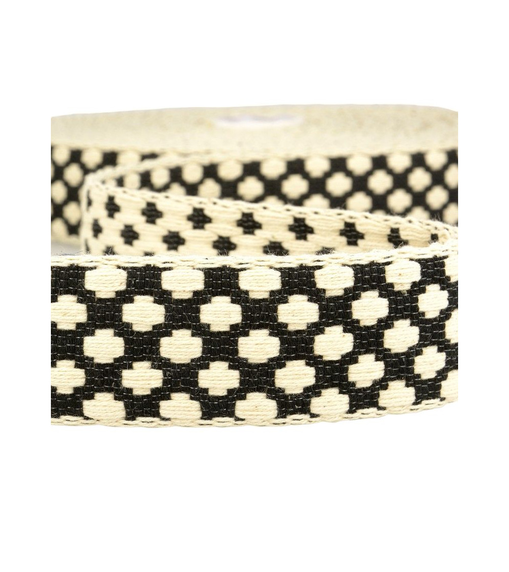 10m reel of 37mm cross pattern strap, black and ecru