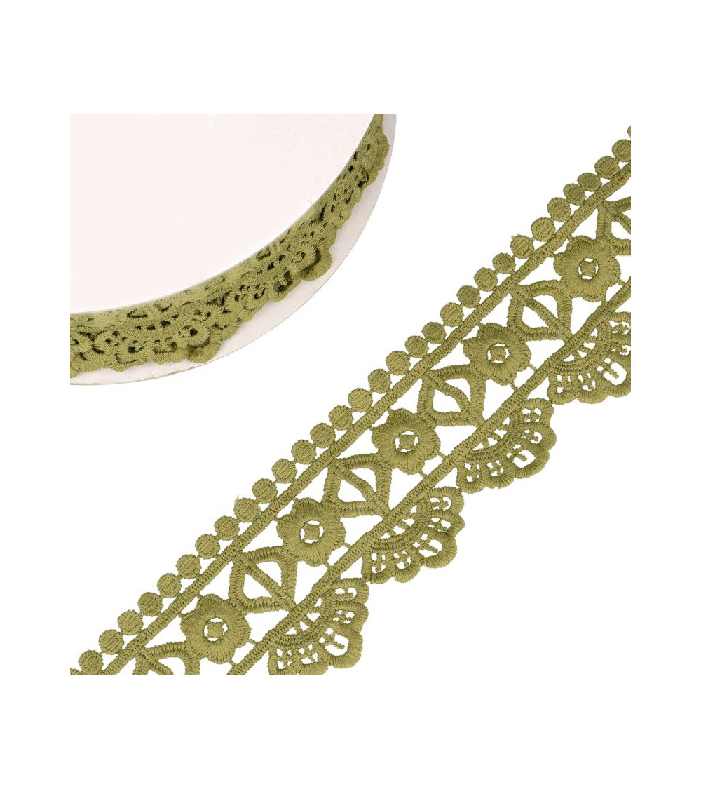 Bobina 13,7 m Guipure fiore/diamante 55 mm verde kaki