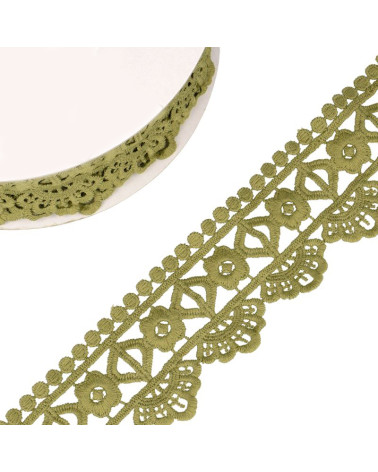 Bobina 13,7 m Guipure fiore/diamante 55 mm verde kaki