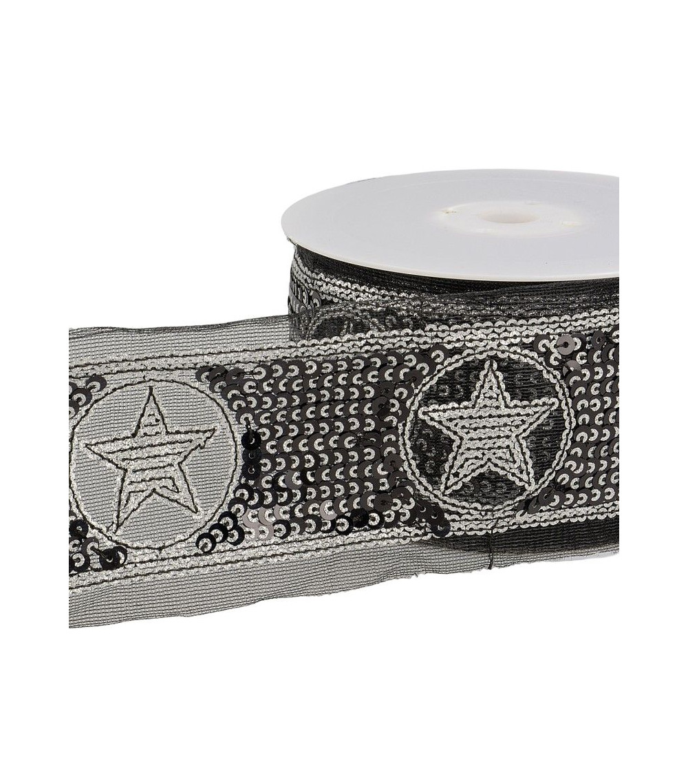 Bobina da 10 m Treccia di paillettes a stella 50 mm Argento e nero