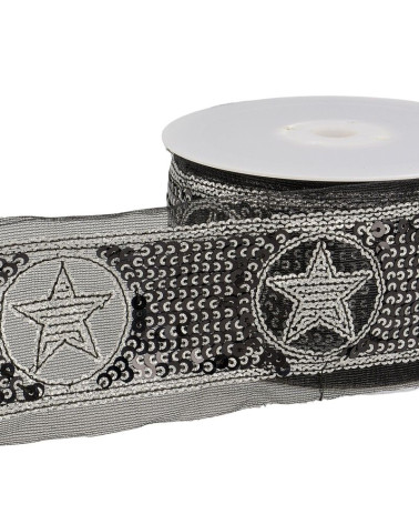 Bobina da 10 m Treccia di paillettes a stella 50 mm Argento e nero