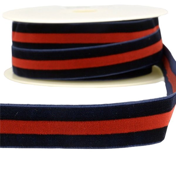 Bobine 15m Velours stripes polyester Bleu marine et rouge